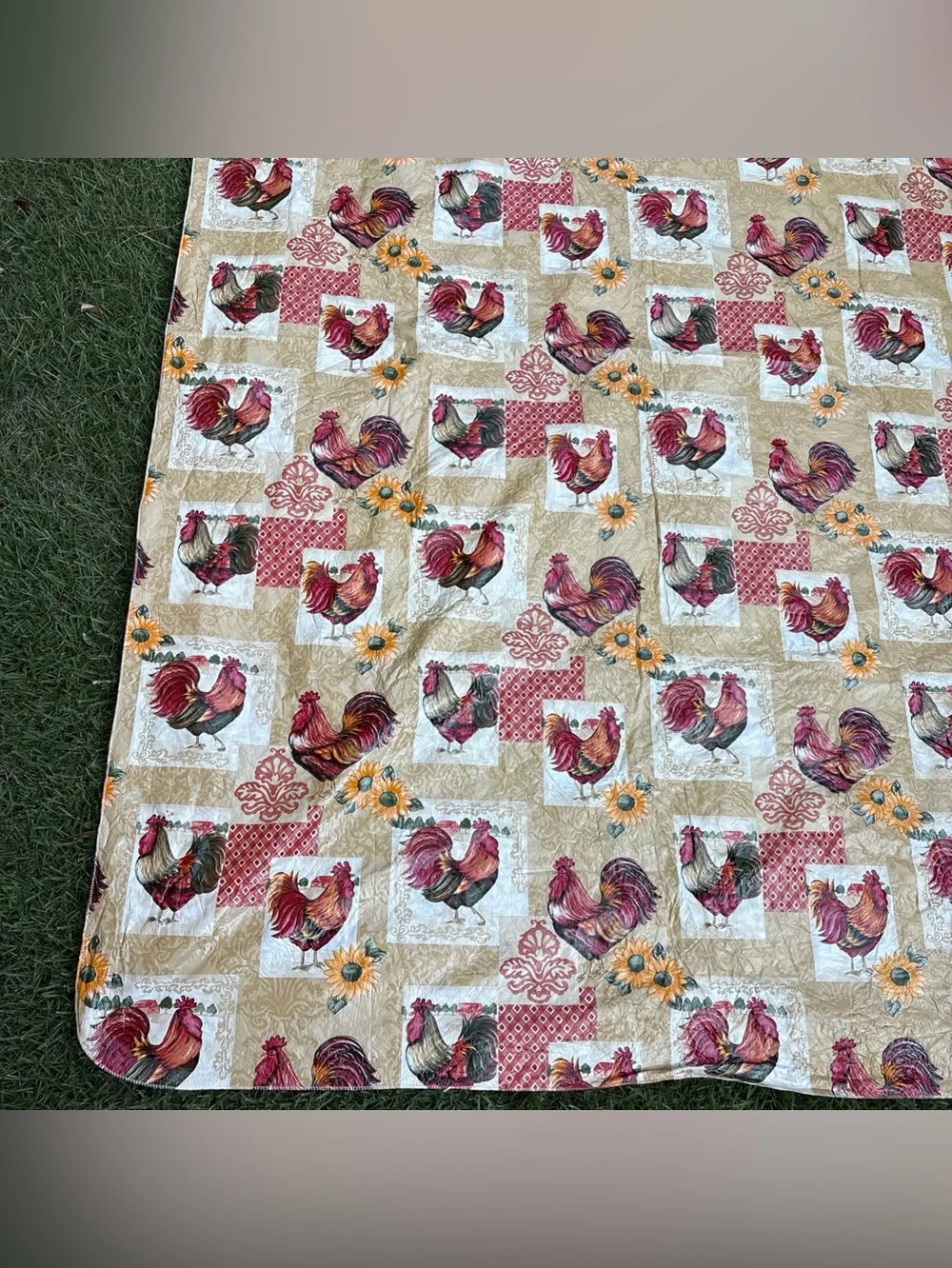 Chicken Rooster Tablecloth 99x58 Country Farmhouse Floral Vinyl Flannel Backing